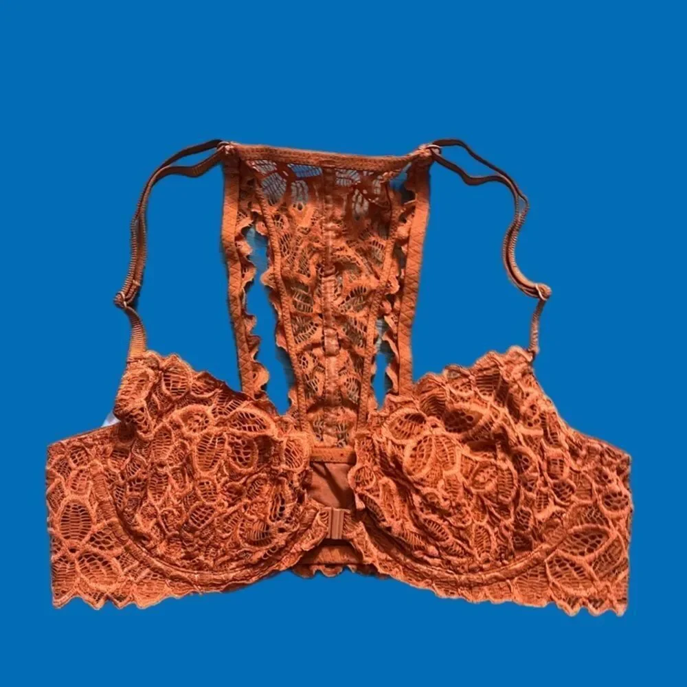 Victoria’s Secret Pink Date Racerback sexy unlined floral lace bra clay 34B